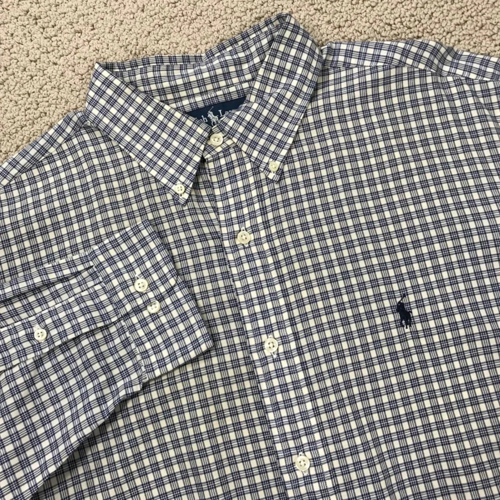 Polo Ralph Lauren Yarmouth Mens 16.5 32/33 Blue White Plaid Cotton Dress Shirt